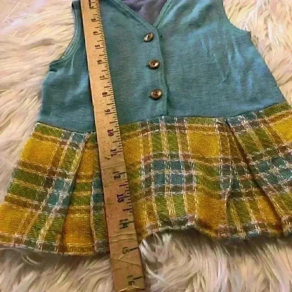 VTG tartan yellow blue handmade vested pleated skirt dress size 2+ years - Picture 5 of 5